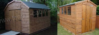 A loglap Dutch barn with double doors beside a shiplap apex shed, both built by Hallgate Timber
